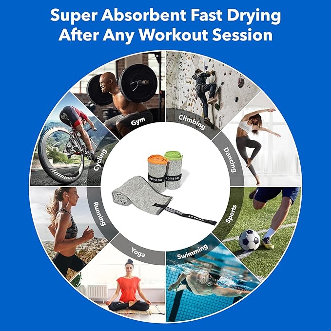 Acteon New Microfiber Quick Dry Gym Towel, Silver ION Odor-Free Mega Absorbent Fiber, Fast Drying, Men & Women Small Workout Gear for Body Sweat, Beach, Working Out, Camping, Travel Towel