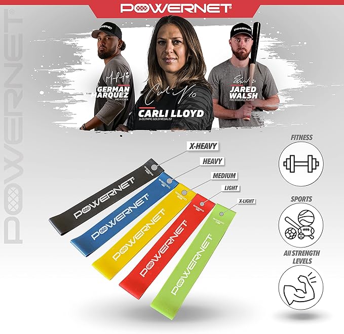 PowerNet Resistance Bands, Heavy Duty & Regular Resistance Color-Coded Exercise Bands, Workout Equipment for Home Gym, Progressive Elastic Bands for Stretching & Training, Regular, Heavy-Duty or Combo