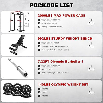S11 Power Cage, 2000LB Multi-Function Power Rack with LAT Pulldown, Squat Rack with Adjustable Pulley System and Training Attachments, Weight Rack for Home Gym