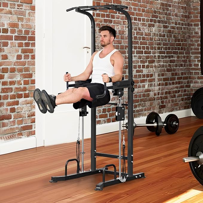 SogesGame Power Tower pull up dip station,Multi Function Adjustable Height Pull Up Bar of Assisted Pad,Strength Training Exercise Equipment with Elastic Rope for Home Gym Workout,330 Lbs