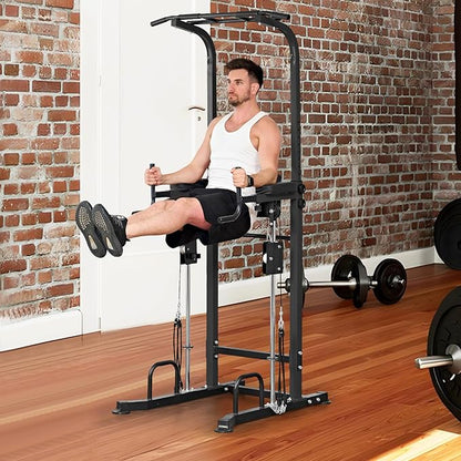SogesGame Power Tower pull up dip station,Multi Function Adjustable Height Pull Up Bar of Assisted Pad,Strength Training Exercise Equipment with Elastic Rope for Home Gym Workout,330 Lbs