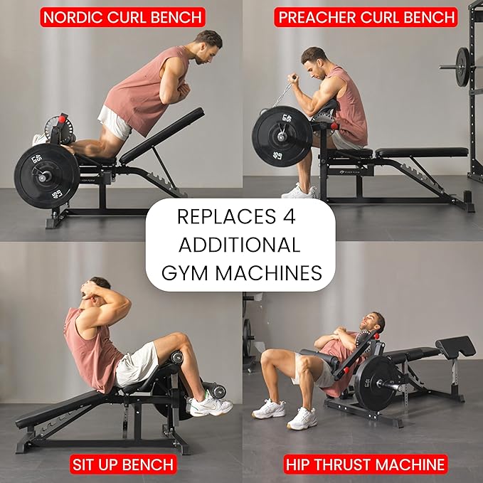 Finer Form GLX Adjustable Weight Bench with Leg Extension and Curl Machine, Total Body Bench for Home Gym, Great for Bench Press, Sit Ups, Preacher Curl, Hip Thrusts and Other Plate-Loaded Exercises