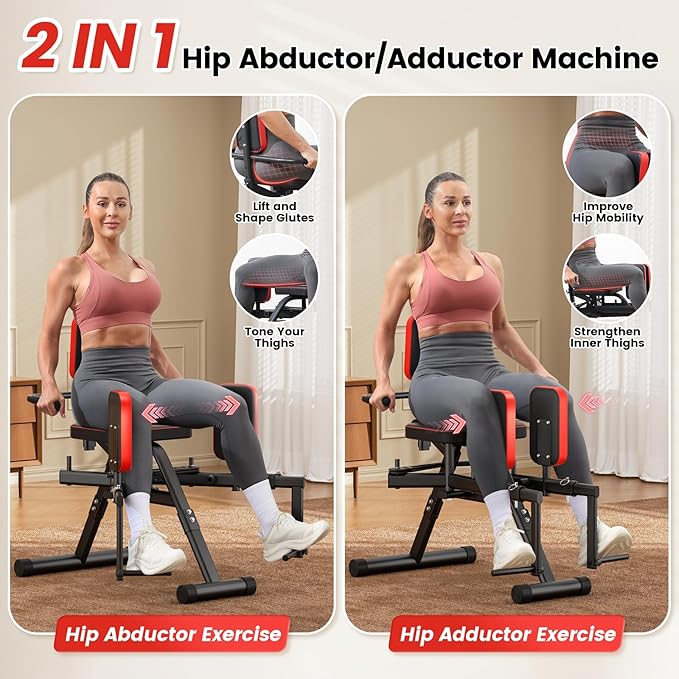 2-in-1 Hip Abductor & Adduction Machine for Home Gym, Glute Machine & Thigh Workout Equipment with 6-Level Resistance and Enlarged Padding Seat, Compact Leg Exercise Euipment for Women & Men
