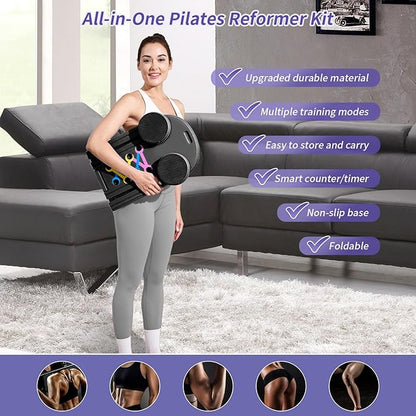 Pilates Board Reformer 15-in-1: Split & Foldable Design, Portable Home Gym with Digital Display, Resistance Bands, Balance Board for Women's Full Body & Core Training