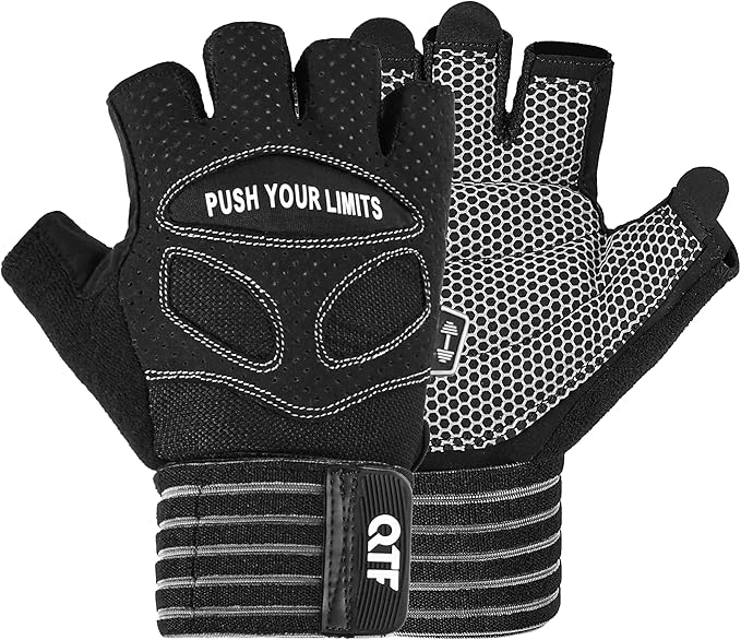 QTF Weight Lifting Gym Workout Gloves with Long Wrist Strap, Fingerless Gym Gloves for Men & Women, Full Palm Protection, for Weightlifting, Training, Fitness, Hanging