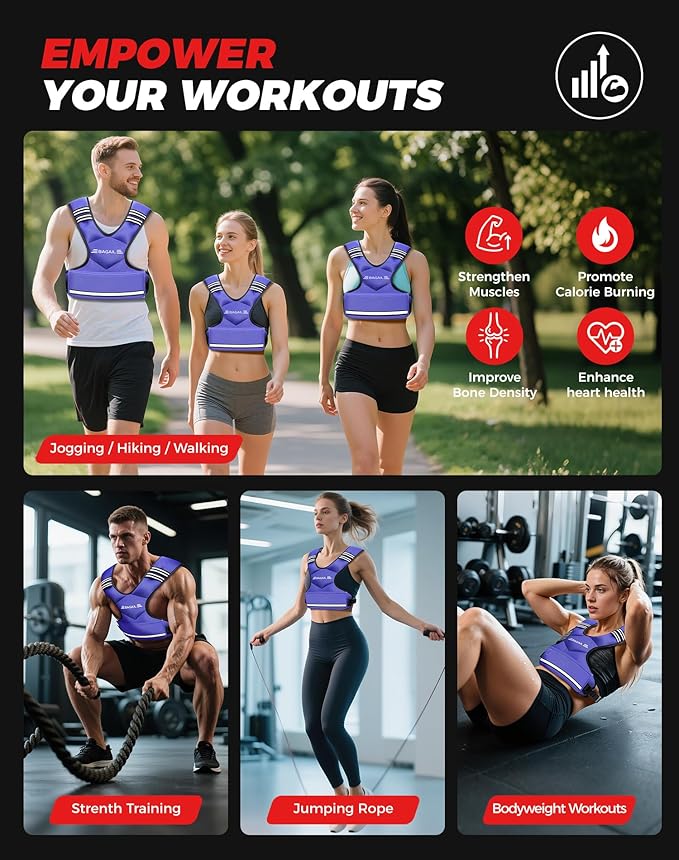 BAGAIL Adjustable Weighted Vest 4-10lb/12-18lb/20-32lb, Comfortable X-Shape & U-Neck Weight Vest for Women and Men Walking with 6 Removable Weights, Large Pocket and Reflective Strips