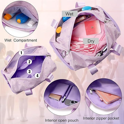 Dance Bag for Girls Corduroy Purple Ballet Dance Bags for Girls 4-6 Toddler Small Duffle Ballerina Bags with Waterproof Dry Wet Separated Compartment