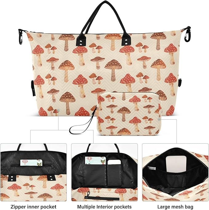 Weekender Bags Travel Duffel Gym Bag Mushrooms Retro Carry on Overnight Tote Bag with Toiletry Bag for Airplane Travel Trip Gym Yoga