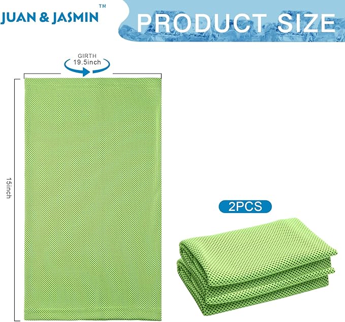 JUAN & JASMIN 2 Pack Cooling Towels (19.5"x15"), Soft Breathable Chilly Towels, Super Absorbent, Ice Wraps, Towels-Ideal for Hiking, Running, Workout, Gym, Dancing, Camping, Fitness (Green)