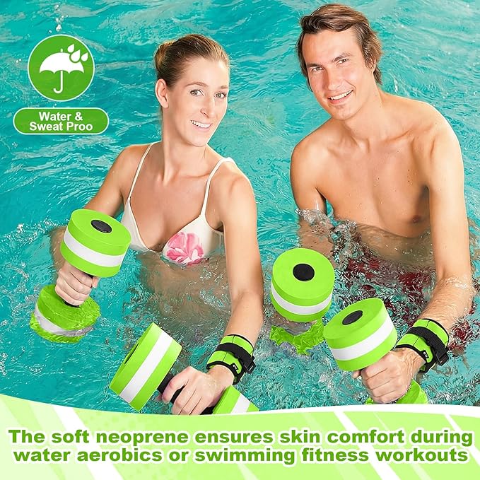 Water Aerobics Set, 4 Piece Pool Exercise Kit (2 Aqua Dumbbells + 2 Ankle/wrist Weights), EVA Foam, Low-impact Workout