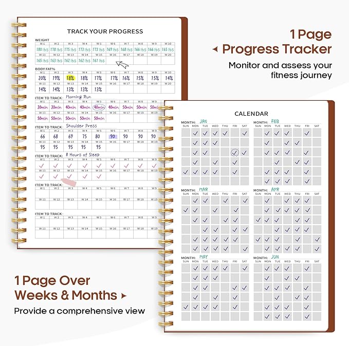 Fitness Workout Journal for Women & Men, A5(5.5" x 8.3") Workout Log Book Planner for Tracking, Progress, and Achieving Your Wellness Goals-Rust Brown