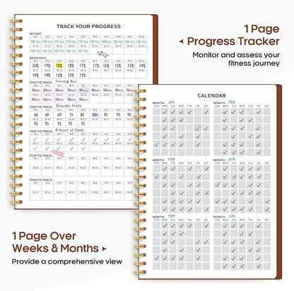 Fitness Workout Journal for Women & Men, A5(5.5" x 8.3") Workout Log Book Planner for Tracking, Progress, and Achieving Your Wellness Goals-Rust Brown