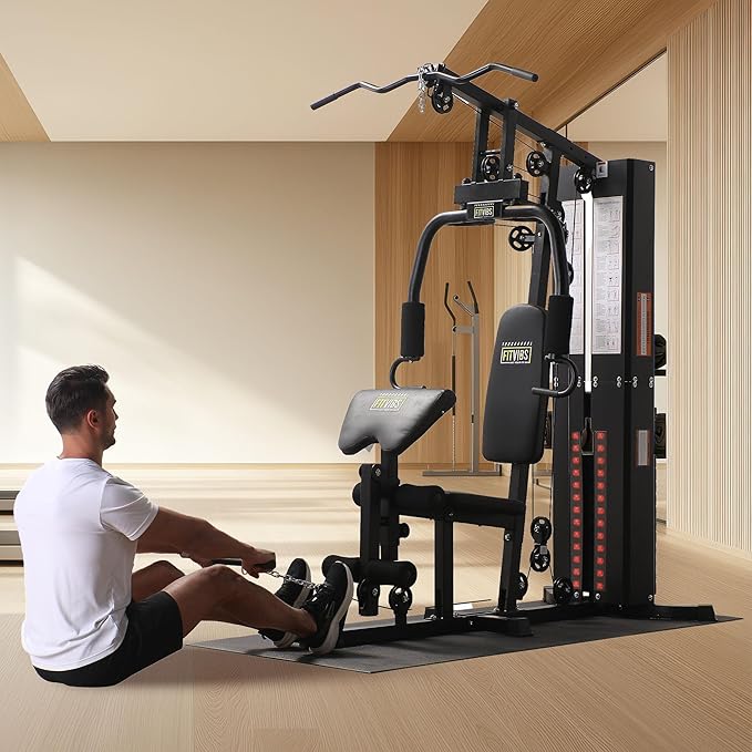 BalanceFrom Multifunctional Steel Frame Home Gym Machine with Floor Mat – Strength Training Workout Station with 160-Pound Weight Stack, Lat Pull & Low Row Bars, 4-Roll Leg Developer & Press
