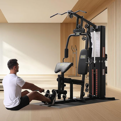 BalanceFrom Multifunctional Steel Frame Home Gym Machine with Floor Mat – Strength Training Workout Station with 160-Pound Weight Stack, Lat Pull & Low Row Bars, 4-Roll Leg Developer & Press