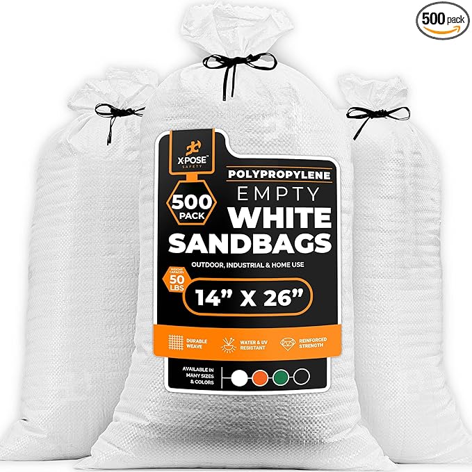 Xpose Safety Heavy Duty Sand Bags with Tie Strings – Empty Woven Polypropylene Sandbags for Hurricane Flood Protection, 50 lb Capacity, 14" x 26", White, Pack of 500
