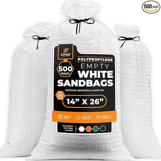 Xpose Safety Heavy Duty Sand Bags with Tie Strings – Empty Woven Polypropylene Sandbags for Hurricane Flood Protection, 50 lb Capacity, 14" x 26", White, Pack of 500