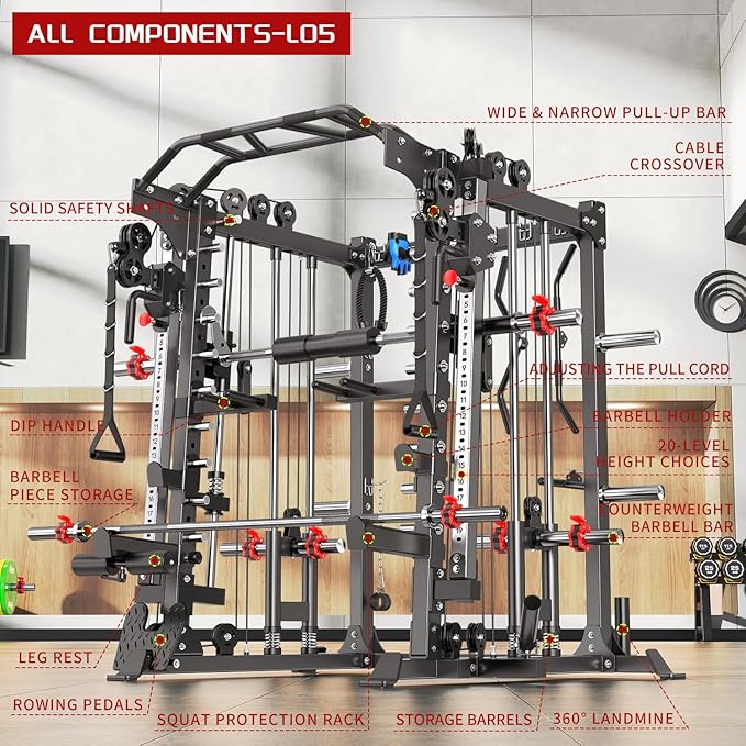 Multi-Purpose Squat Rack,Smith Machine Weight Rack Set with Cable Crossover System, Home Gym Power Racks, Power Racks and Packages
