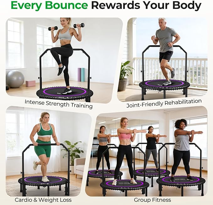 BCAN BT2 450/550LBS Mini Rebounder Trampoline for Adults with Bar, Fitness Trampoline with Bungees, Adjustable Handle, Stable & Quiet, Indoor Outdoor, Whole-Body Workout & Relaxation at Home-40IN/48IN