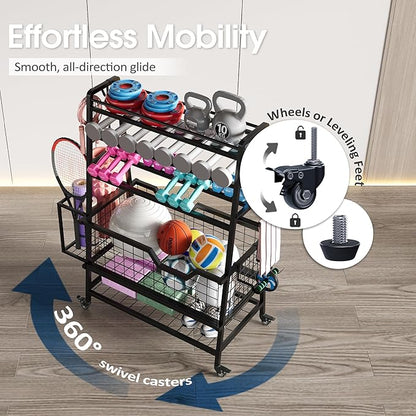 Dual-Sided Dumbbell Rack with Hooks & Wheels, Adjustable Home Gym Storage Rack for Dumbbells, Kettlebells, Balls, Yoga Mats, Ab Roller, Weight Rack Organizer for Workout Equipment