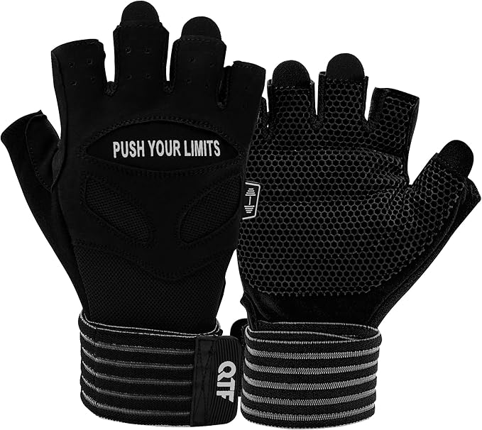 QTF Weight Lifting Gym Workout Gloves with Long Wrist Strap, Fingerless Gym Gloves for Men & Women, Full Palm Protection, for Weightlifting, Training, Fitness, Hanging