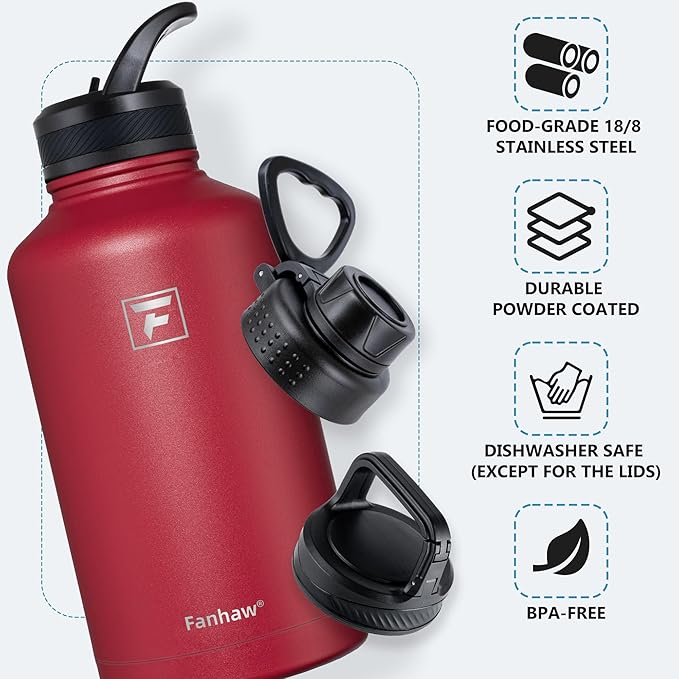Fanhaw 64 oz Insulated Water Bottle – Large Stainless Steel Jug with 3 Lids (Straw, Spout, Carabiner) | Heavy-Duty, for Camping, Backpacking, Long Hikes & Outdoor Work (Red)