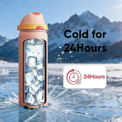 Insulated Water Bottle with Straw - Encool Stainless Steel Water Bottle with Push Button Lid, Leak-Proof & BPA-Free, Keeps Cold for 24 Hours for Sports, Travel, Gym (32 oz, Pink Daisy-Red)