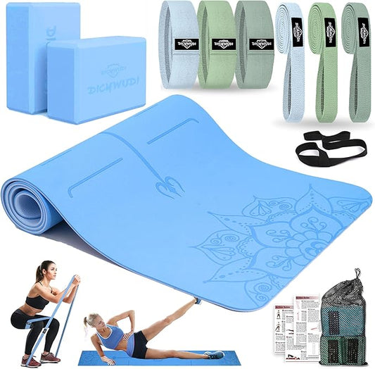 Yoga Mat Thick, 6 Fabric Resistance Bands, 2 Pack Yoga Blocks, Home Workout Equipment Essentials Starter Kit for Beginners Full Body Toning