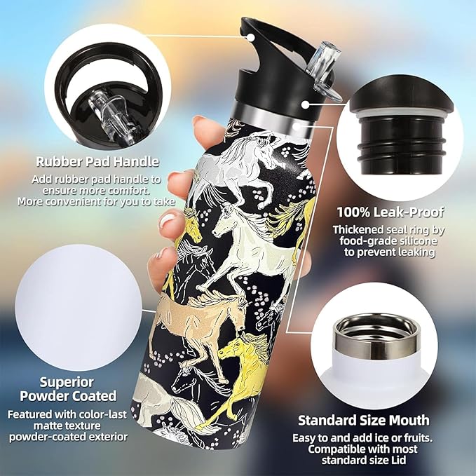 Horse Sport Water Bottle with Straw, Vacuum Insulated Stainless Steel Thermal Drinking Travel Mug Cups For Gym Fitness Camping-20oz/600ml
