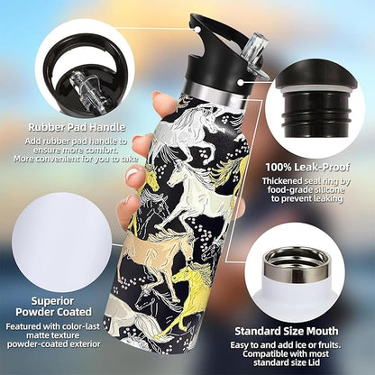 Horse Sport Water Bottle with Straw, Vacuum Insulated Stainless Steel Thermal Drinking Travel Mug Cups For Gym Fitness Camping-20oz/600ml