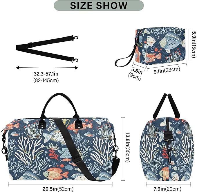 Weekender Bags Travel Duffel Gym Bag Carry on Overnight Tote Bag with Toiletry Bag for Airplane Travel Trip Gym Yoga (Ocean Animals and Plants)
