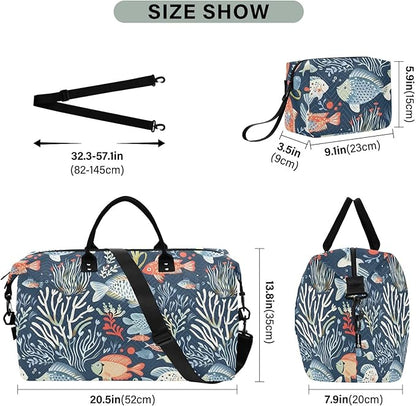 Weekender Bags Travel Duffel Gym Bag Carry on Overnight Tote Bag with Toiletry Bag for Airplane Travel Trip Gym Yoga (Ocean Animals and Plants)