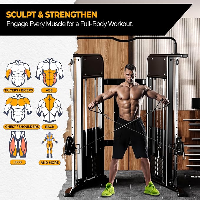 Functional Trainer Cable Machine Home Gym Exercise Equipment - Adjustable Pulley System: Ultimate Workout Equipment for Full-Body Strength, Flexibility & Balance - Dual Weight Stacks Fitness Training