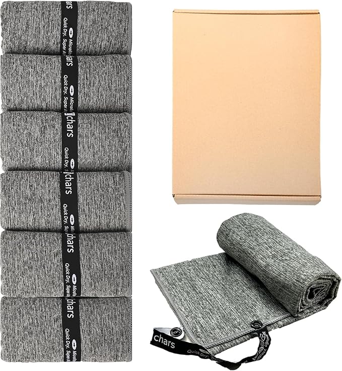 Microfiber Gym Towels - Quick Dry, Highly Absorbing, Silver ION Odor-Free Absorbent Fiber, for Men & Women - for Hot Yoga, Tennis, Running, Workout, Camping, Set of 6 Charcoal Gray (Speckled Gray)