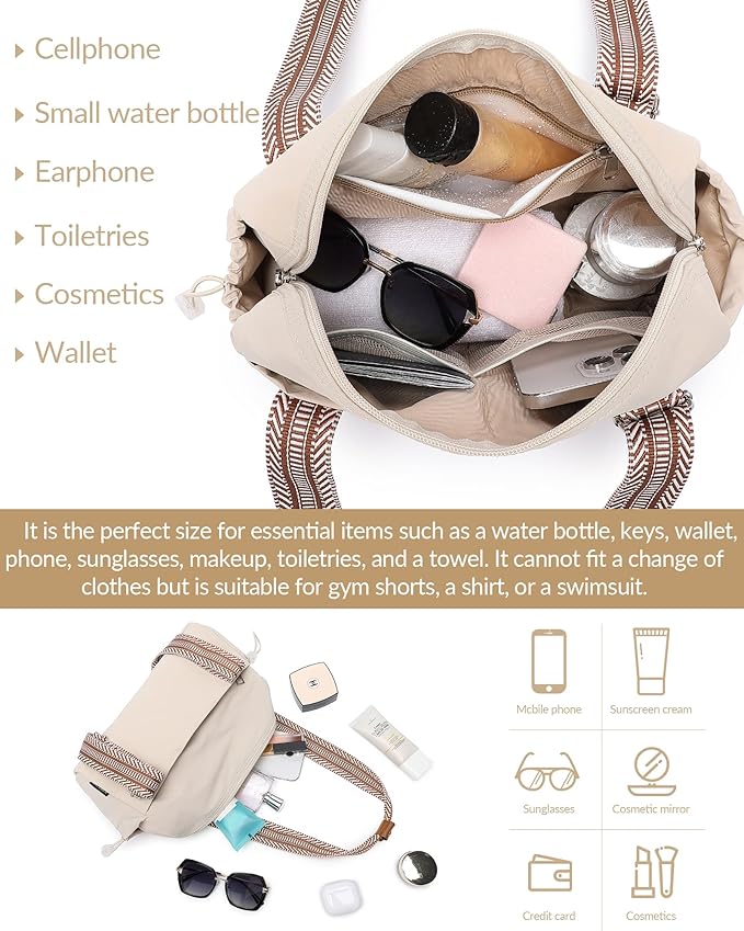 Small Gym Bag for Women Mini Duffle Bag with Guitar Strap, Lightweight Waterproof Cute Tote with Wet Compartment for Girls Workout Sport Travel, Beige