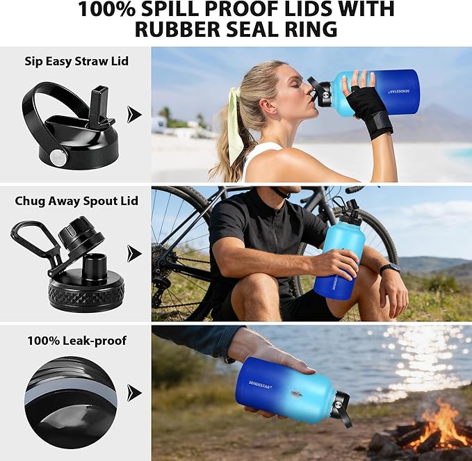 Insulated Water Bottle 64 oz, Triple Wall Vacuum Stainless Steel Water Bottles (Cold for 48 Hrs), Leak Proof & Non-BPA, Half Gallon Water Flask Jug Wide Mouth Straw Lid & Spout Lid