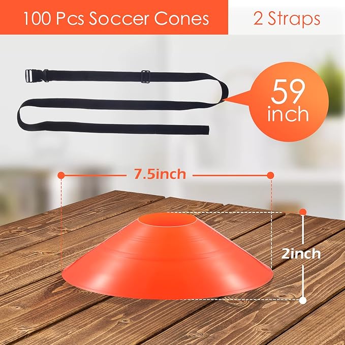 100 Pieces Soccer Cones with Strap Agility Disc Cones Soccer Training Cones Soccer Cones for Drills Orange Mark Disks for Challenge Football Basketball Skating Kids Games Outdoor Indoor 2 Straps