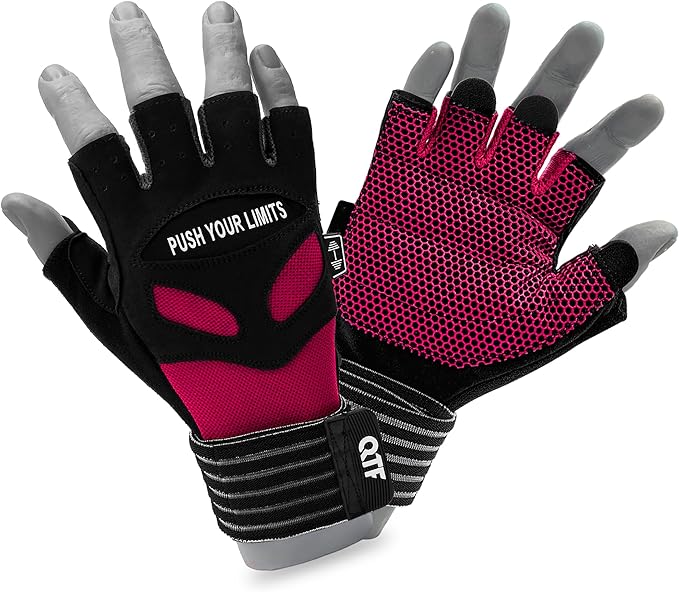 QTF Weight Lifting Gym Workout Gloves with Long Wrist Strap, Fingerless Gym Gloves for Men & Women, Full Palm Protection, for Weightlifting, Training, Fitness, Hanging