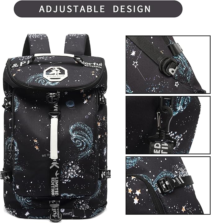 Floral gym duffel bag backpack, fashion wrestling bag,with shoe compartment, 4 kinds of back method waterproof travel sports walking laptop Lightweight（A-Starry Sky）