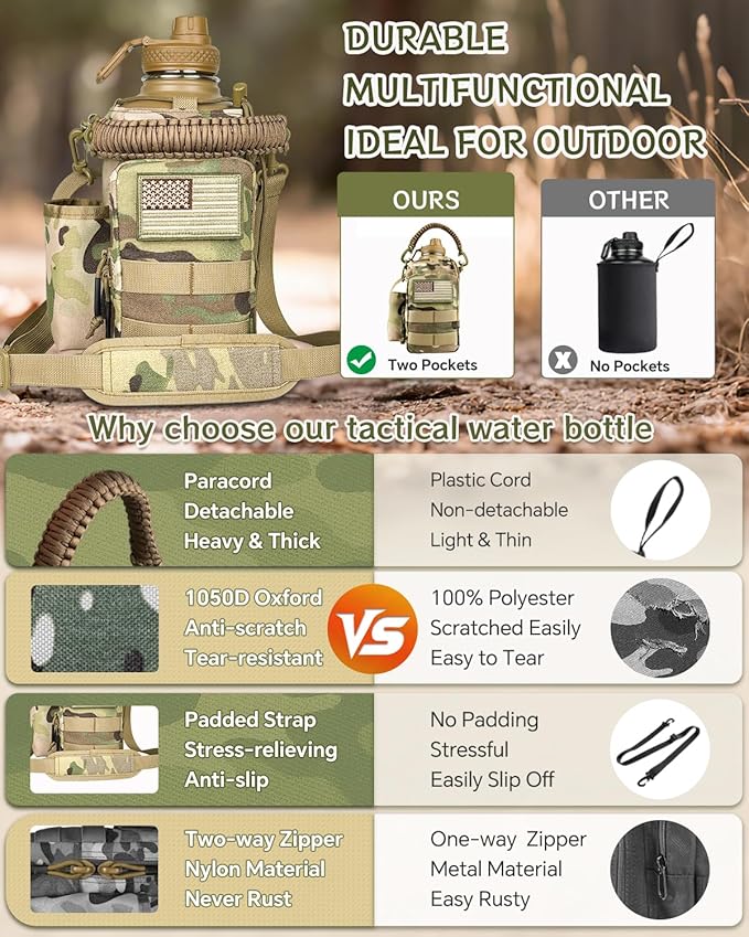 COOLYARD Half Gallon Water Bottle Insulated with Sleeve-64 oz Stainless Steel Water Jug with Strap Paracord Handle Metal Sport GYM Water Bottles for Men Women Hunting Hiking Travel Biking Camo CP