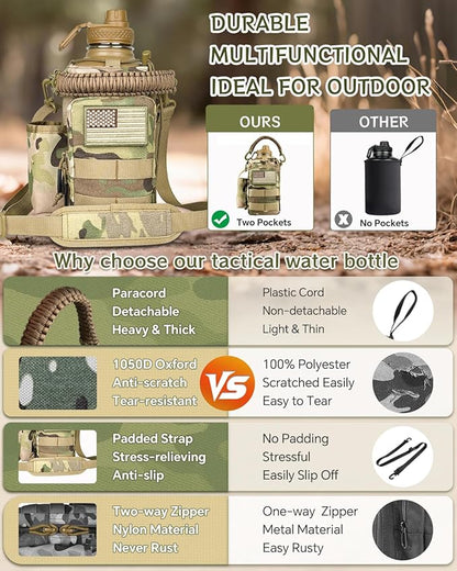 COOLYARD Half Gallon Water Bottle Insulated with Sleeve-64 oz Stainless Steel Water Jug with Strap Paracord Handle Metal Sport GYM Water Bottles for Men Women Hunting Hiking Travel Biking Camo CP