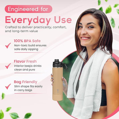 Y TOP 24oz Insulated Water Bottle Leak Proof Spout Lid Fits in Car Cup Holder – Double Wall Dishwasher Safe Easy Clean stainless steel drinking water bottle for Gym Kids Sports Travel Hiking School