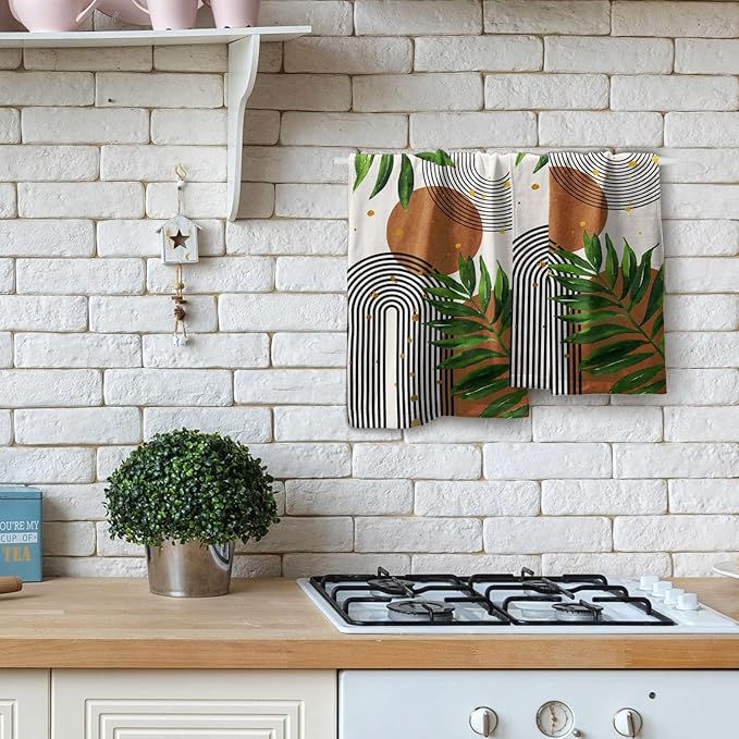 Boho Leaves Hand Towels Mid Century Kitchen Towels 2 Pack Bohemian Fingertip Towel Vintage Leaf Decorative Ultra Absorbent Microfiber Fingertip Towel for Kitchen Bathroom Face Towel