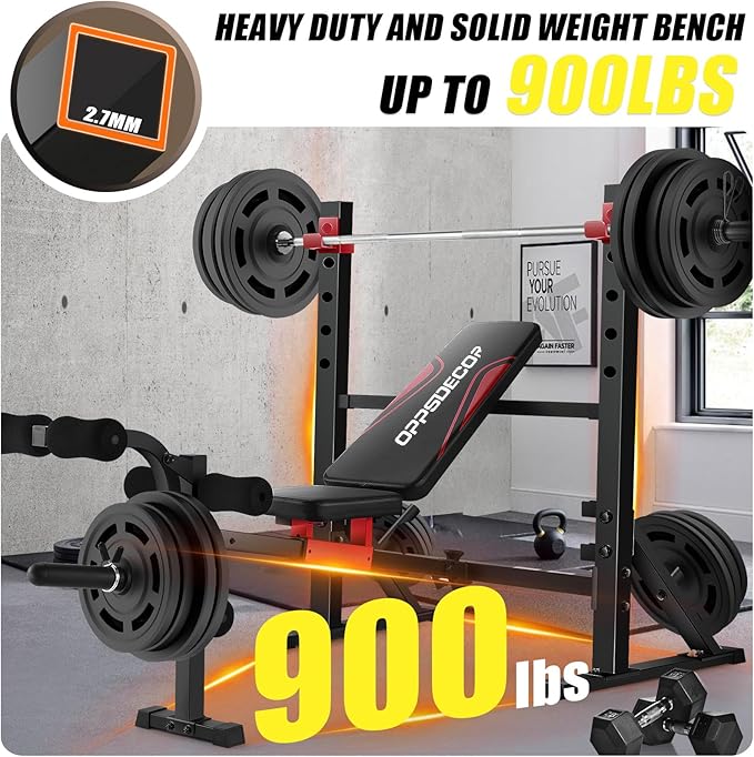 OPPSDECOR 900LBS Weight Bench Set with Squat Rack Foldable Bench Press Set with Leg Extension & Leg Curl Professional Flat/Incline/Decline Workout Bench for Home Gym Full Body Exercise
