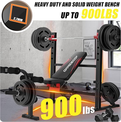 OPPSDECOR 900LBS Weight Bench Set with Squat Rack Foldable Bench Press Set with Leg Extension & Leg Curl Professional Flat/Incline/Decline Workout Bench for Home Gym Full Body Exercise
