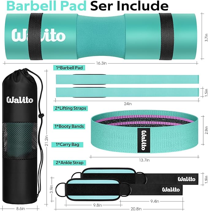 WALITO 8Pcs Barbell Pad Set for Hip Thrust - Squat Pad,Gym Accessories for Women with Bar Bad,Bench Press, with Gym Ankle Straps,Resistance Bands for Working Out,Lifting Strap,Carry Bag