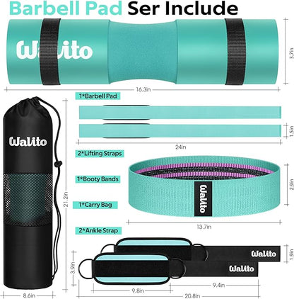 WALITO 8Pcs Barbell Pad Set for Hip Thrust - Squat Pad,Gym Accessories for Women with Bar Bad,Bench Press, with Gym Ankle Straps,Resistance Bands for Working Out,Lifting Strap,Carry Bag