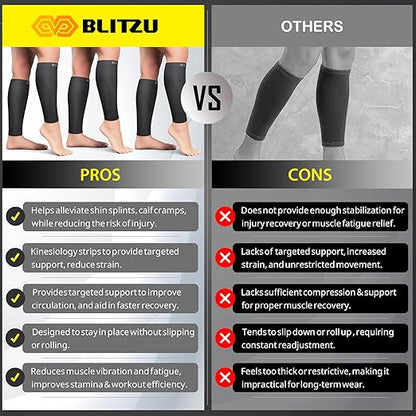 BLITZU 3 Pairs Calf Compression Sleeves for Men and Women. Footless Compression Socks & Leg Support for Running, Travel, Nursing, Fitness. Shin Splints Pain Relief & Reduce Swelling Black L-XL