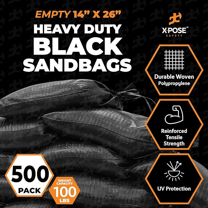 Xpose Safety Heavy Duty Sand Bags with Tie Strings – Empty Woven Polypropylene Sandbags for Hurricane Flood Protection, 100 lb Capacity, 14" x 26", Black, Pack of 500