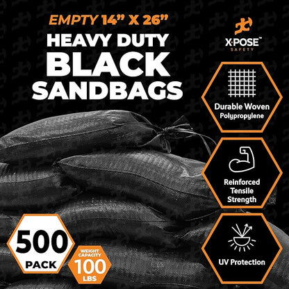 Xpose Safety Heavy Duty Sand Bags with Tie Strings – Empty Woven Polypropylene Sandbags for Hurricane Flood Protection, 100 lb Capacity, 14" x 26", Black, Pack of 500