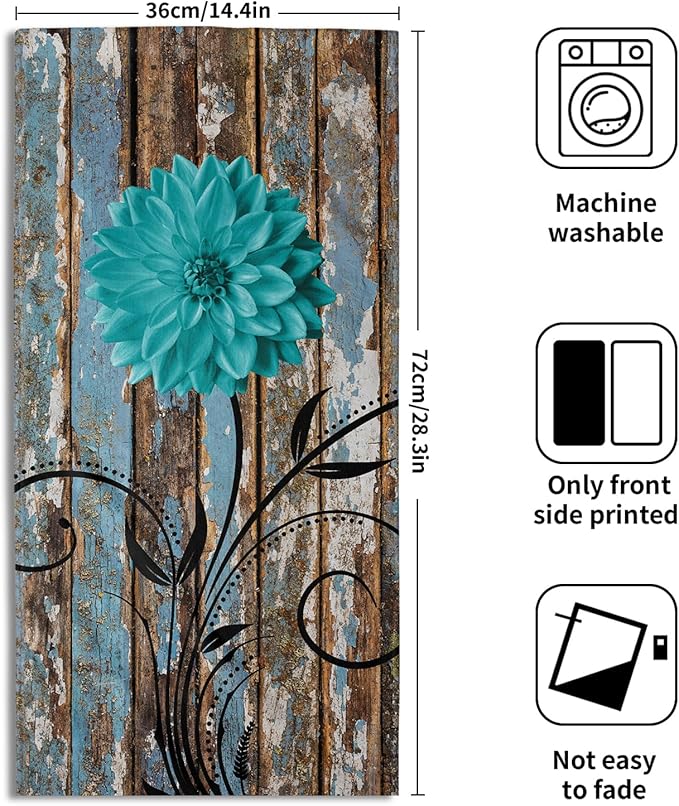 Farmhouse Flower Floral Bathroom Hand Towel Set of 2, Rustic Teal Turquoise Dahlia Fingertip Towel Country Blue Wild Garden Plant Decorative Soft Highly Absorbent Bath Towels for Home Hotel Gym Spa